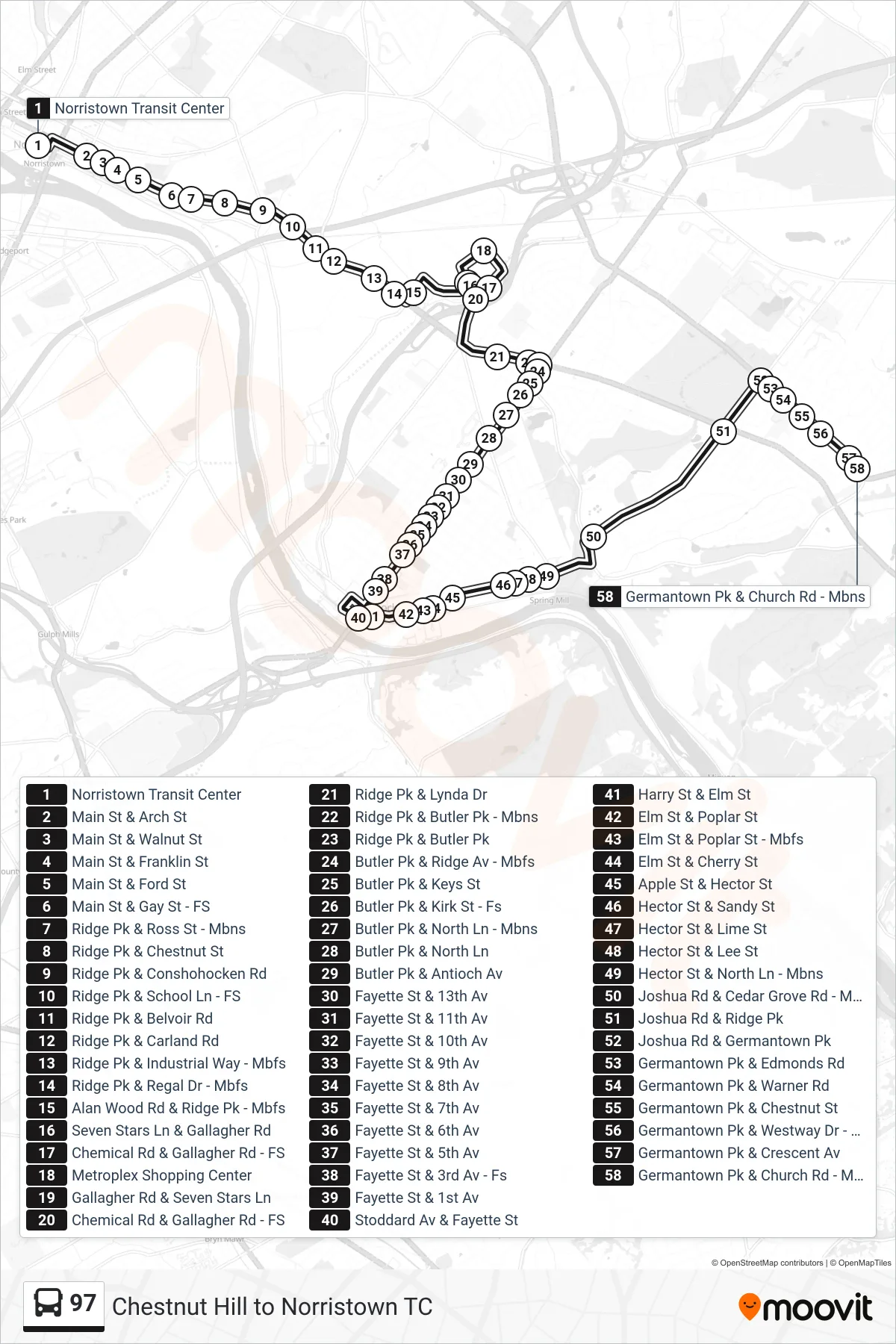97 bus Line (Barren Hill) route and stops on a map