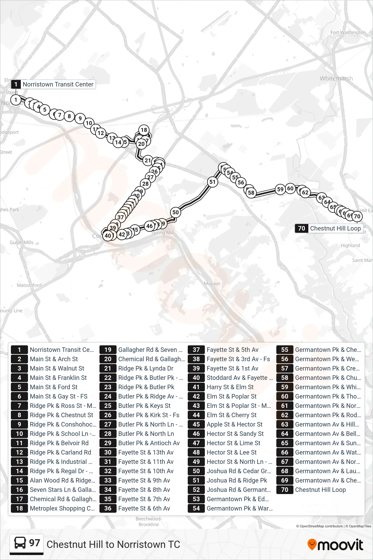 97 bus Line (Chestnut Hill) route and stops on a map