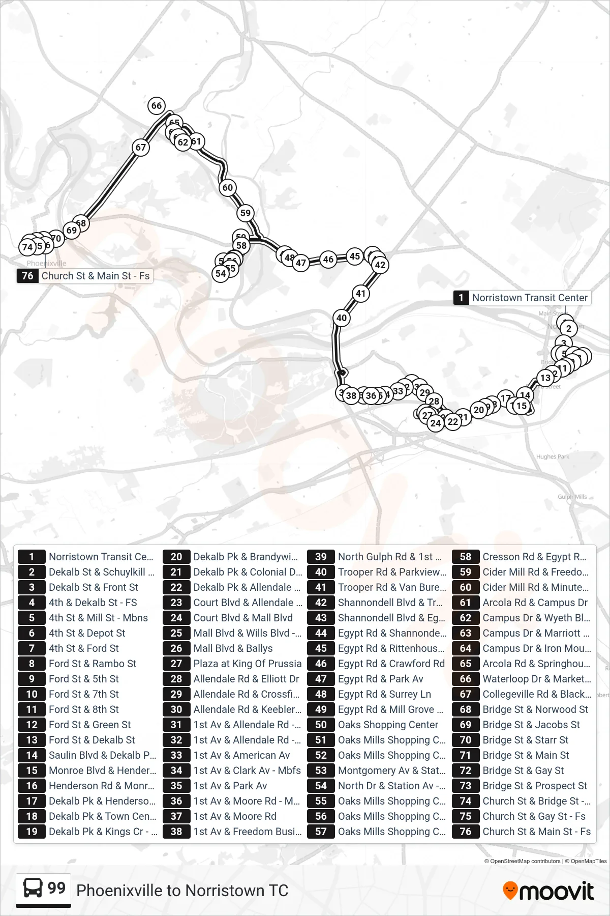99 bus Line (Phoenixville) route and stops on a map