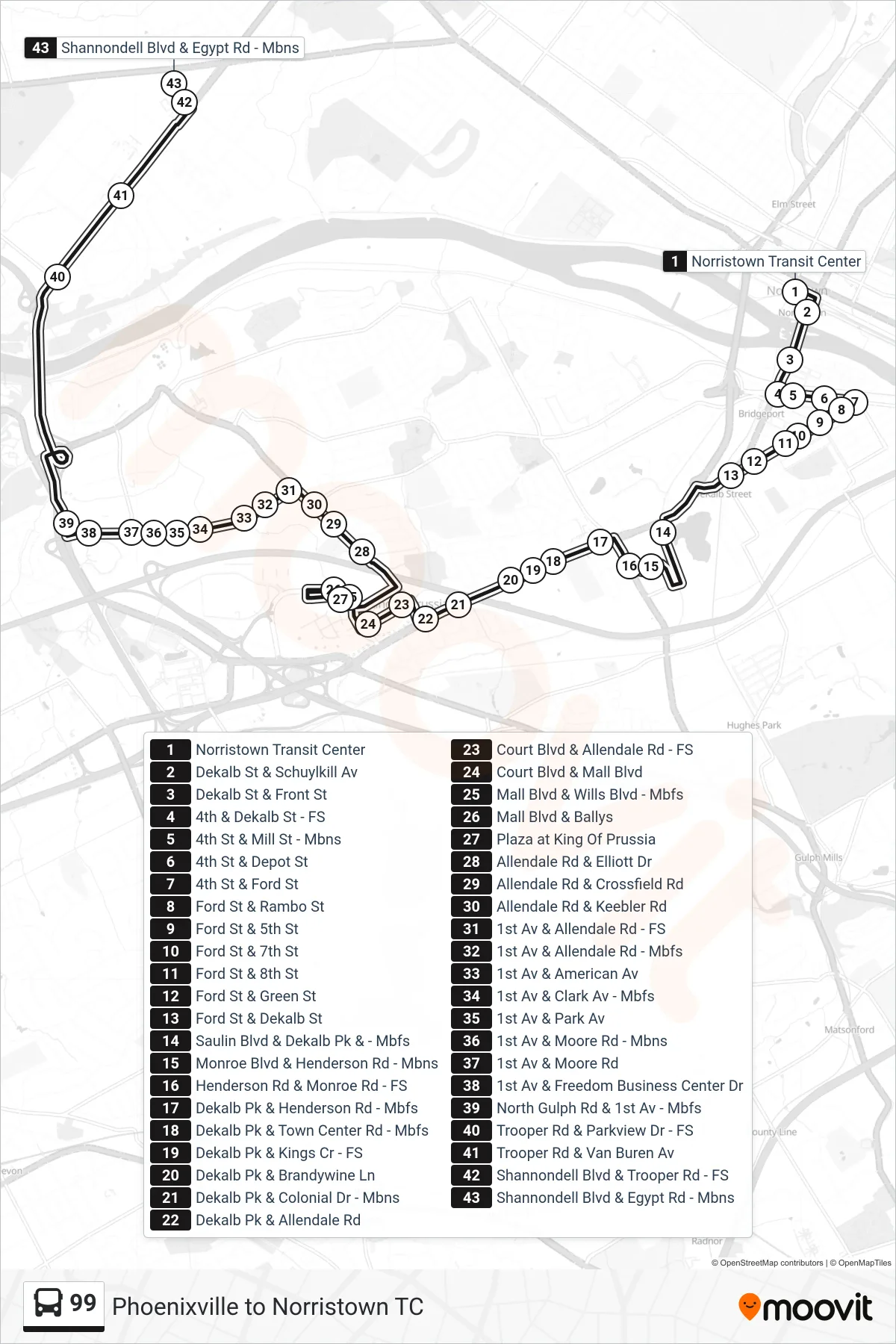 99 bus Line (Shannondell-Egypt) route and stops on a map
