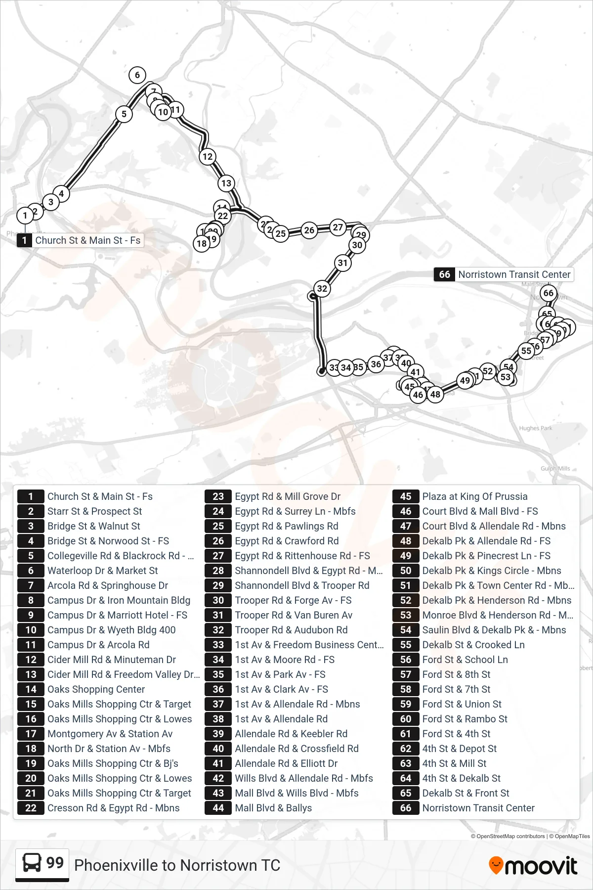 99 bus Line (Norristown Transit Center) route and stops on a map