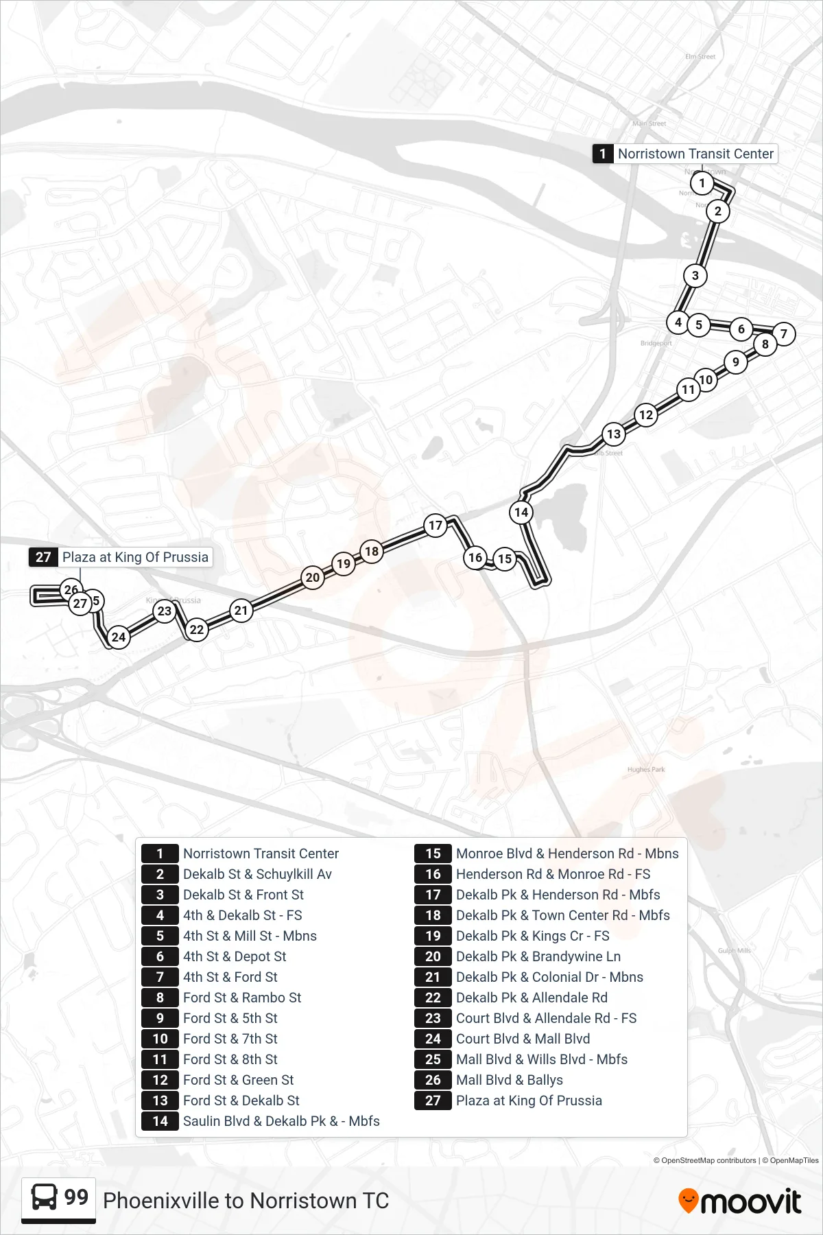 99 bus Line (King Of Prussia) route and stops on a map
