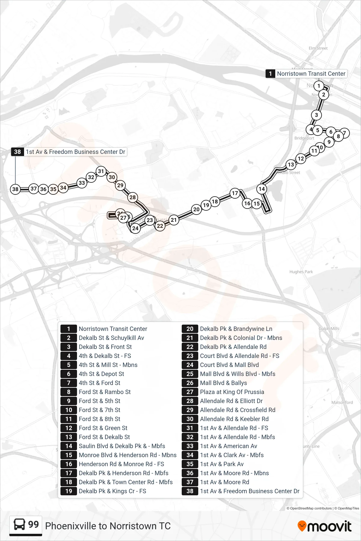 99 bus Line (King Of Prussia Industrial Park) route and stops on a map