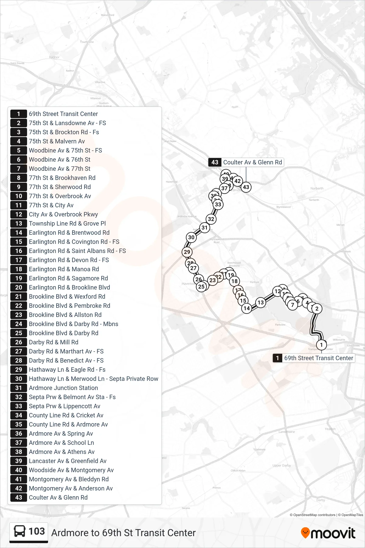 103 bus Line (Ardmore Via Brookline) route and stops on a map