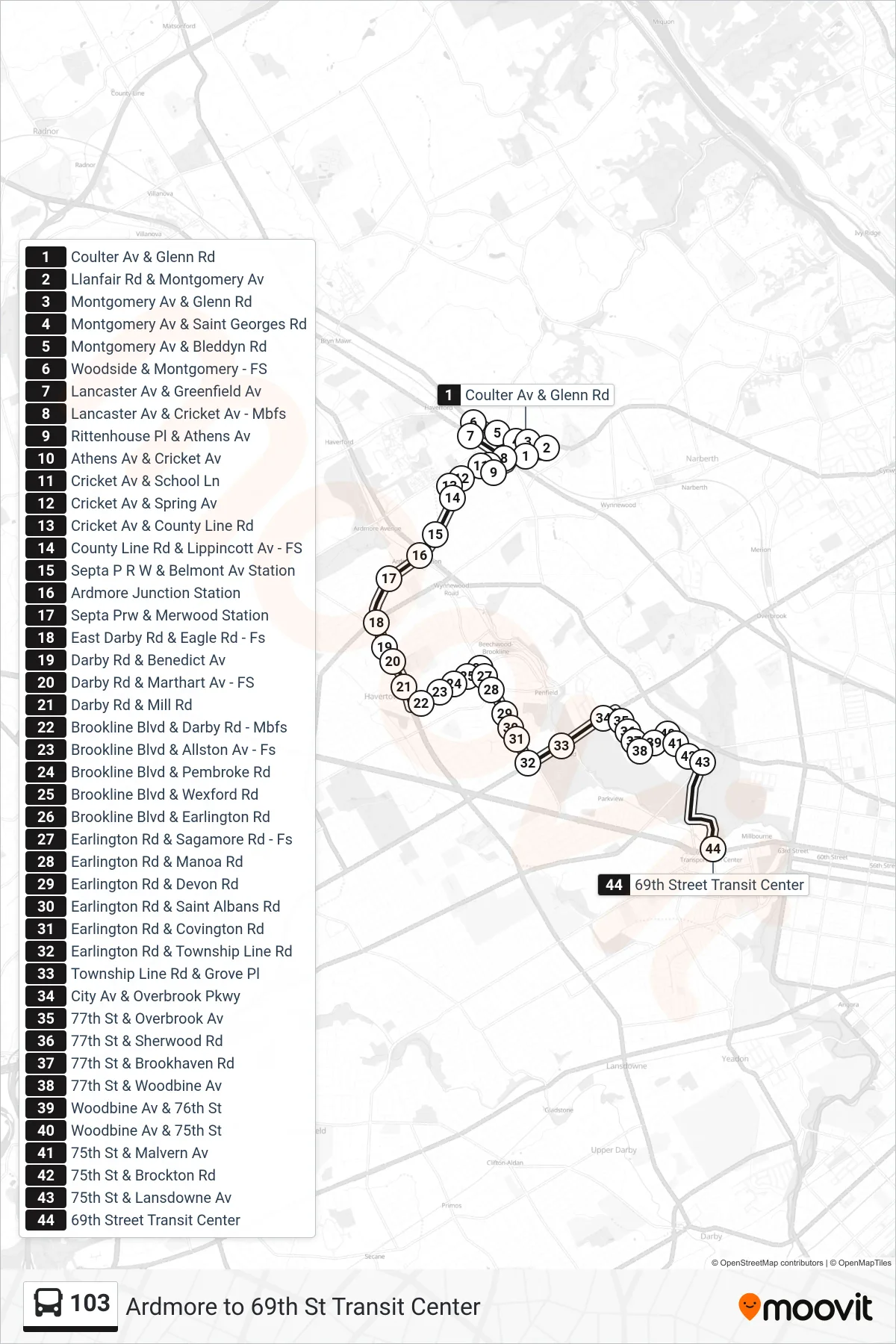 103 bus Line (69th St Transit Center) route and stops on a map
