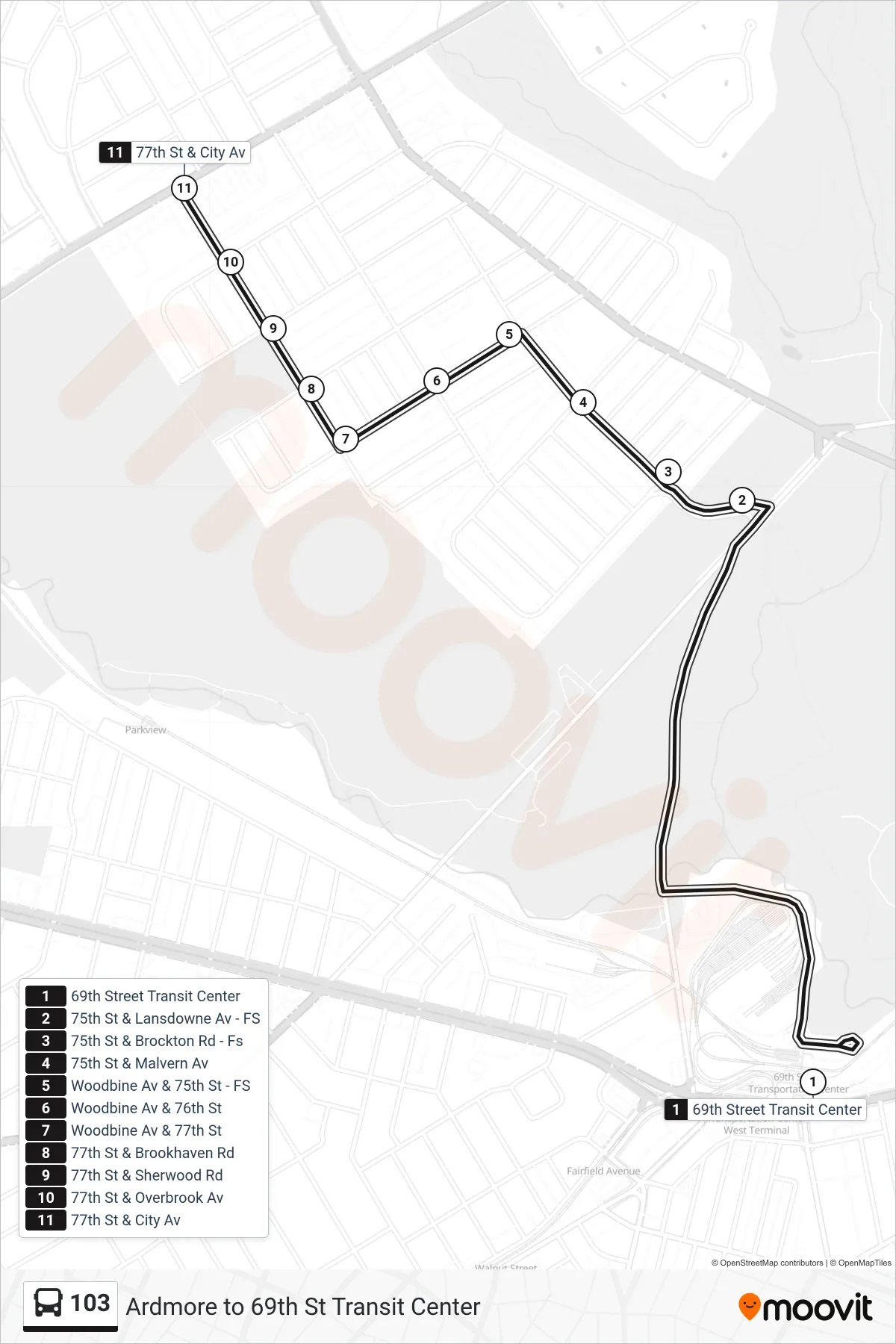 103 bus Line (77th-City) route and stops on a map
