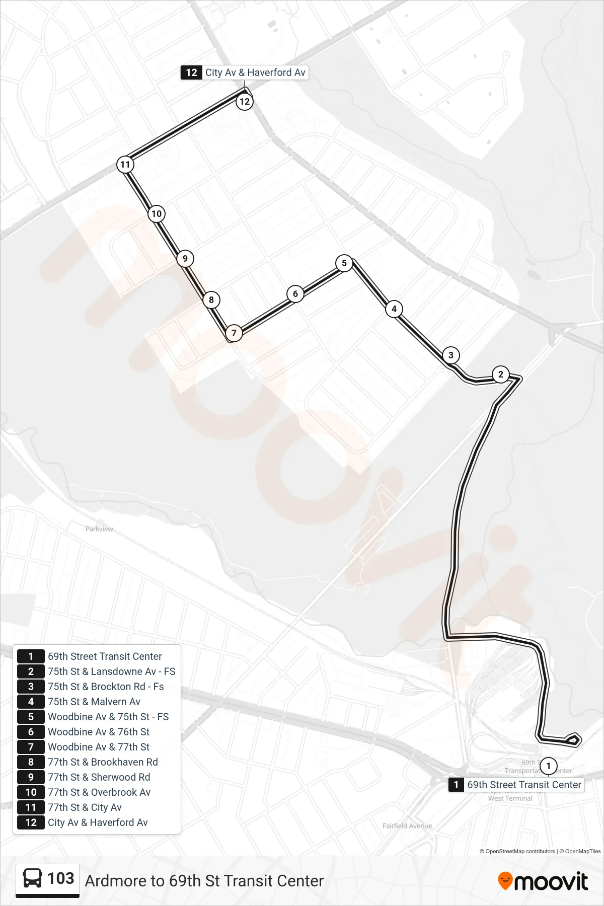 103 bus Line (City-Haverford) route and stops on a map