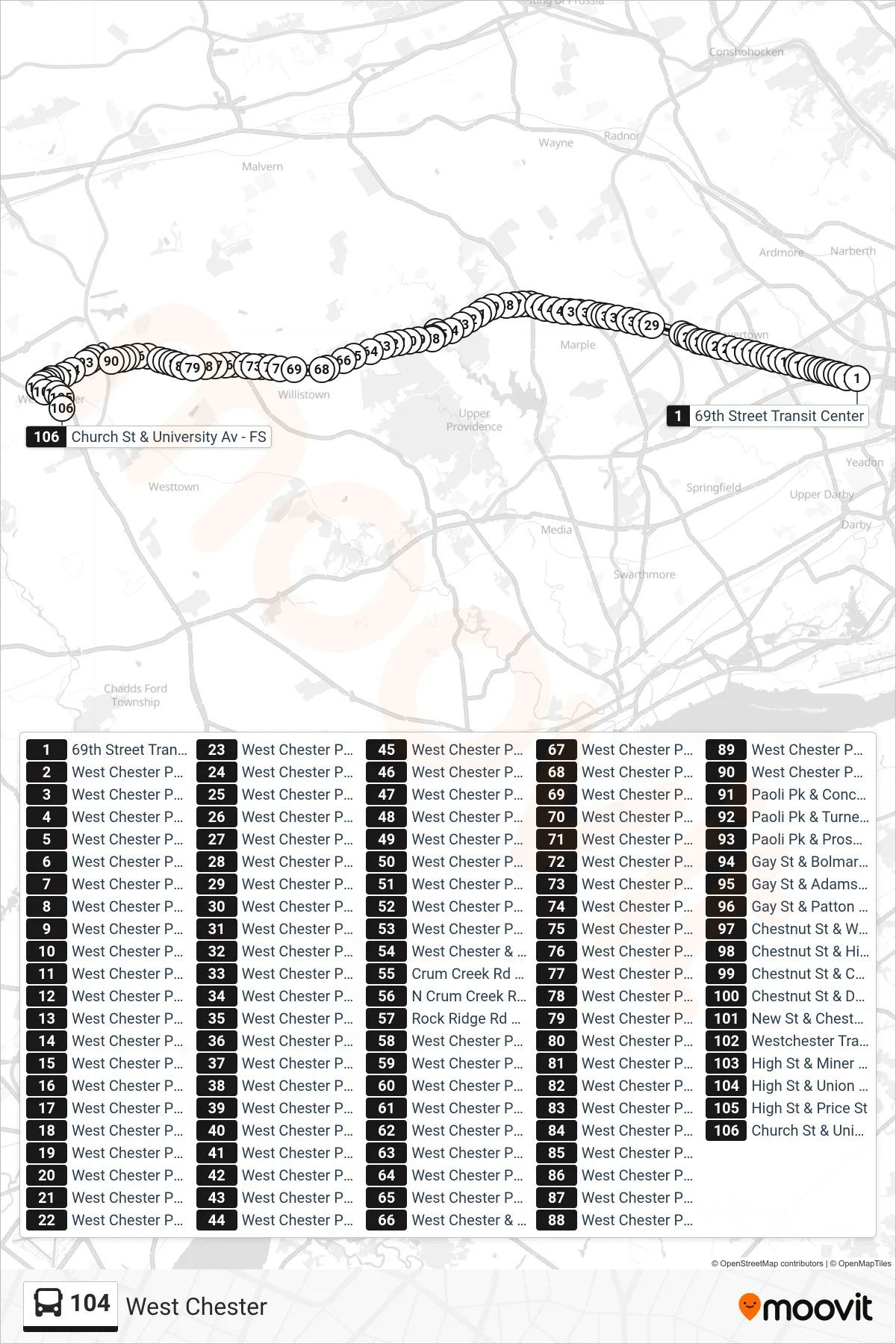 104 bus Line (West Chester) route and stops on a map