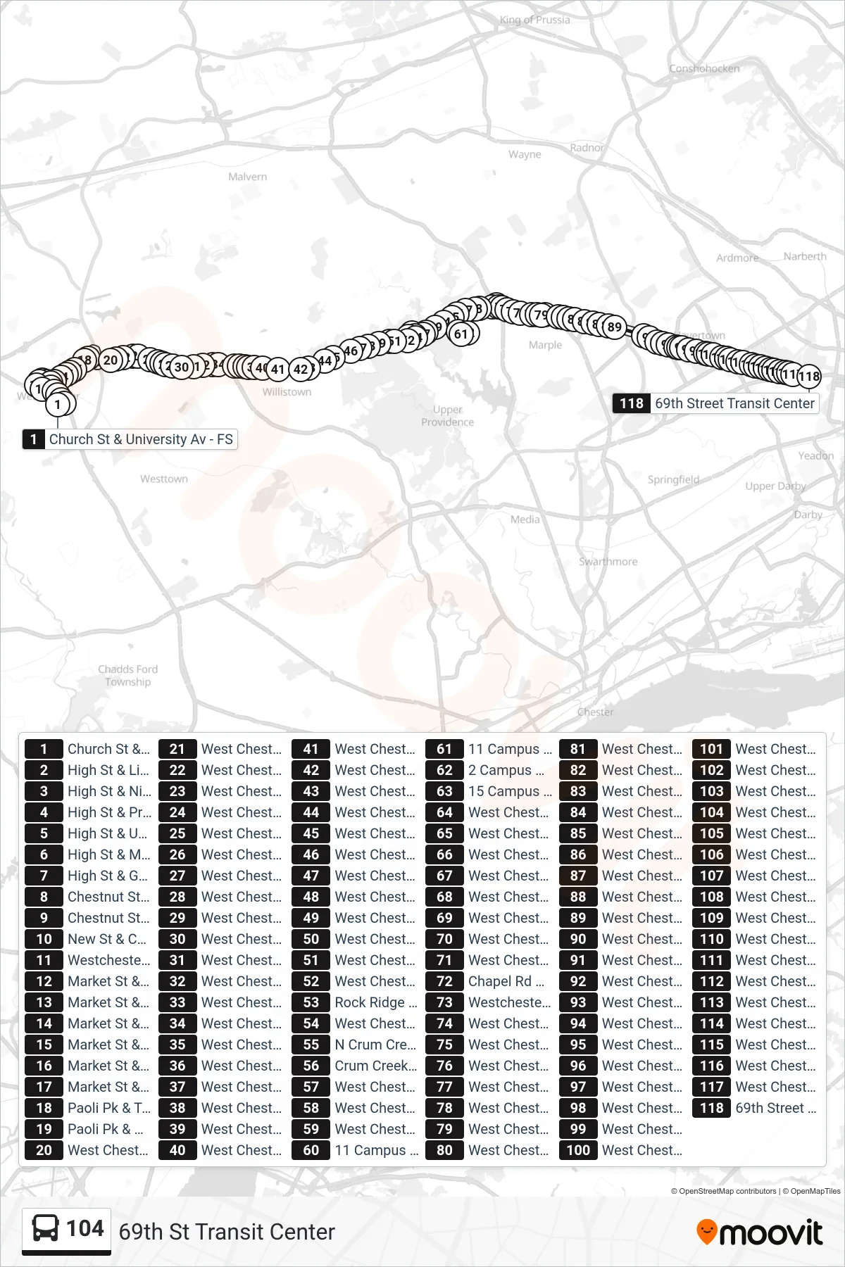 104 bus Line (69th St Transit Center) route and stops on a map