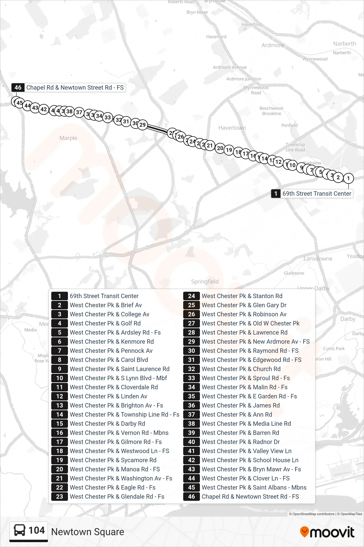 104 bus Line (Newtown Square) route and stops on a map
