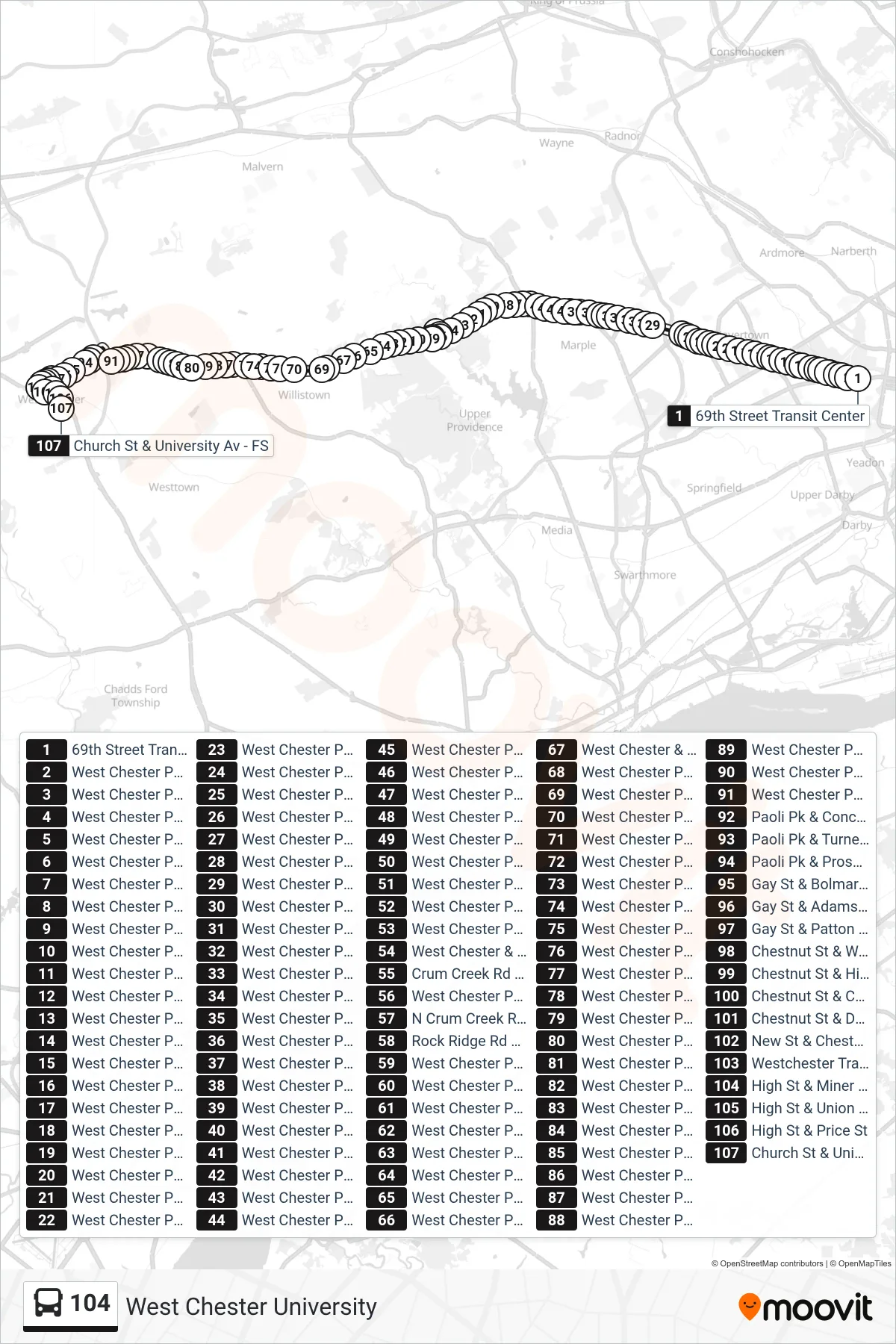 104 bus Line (West Chester University) route and stops on a map