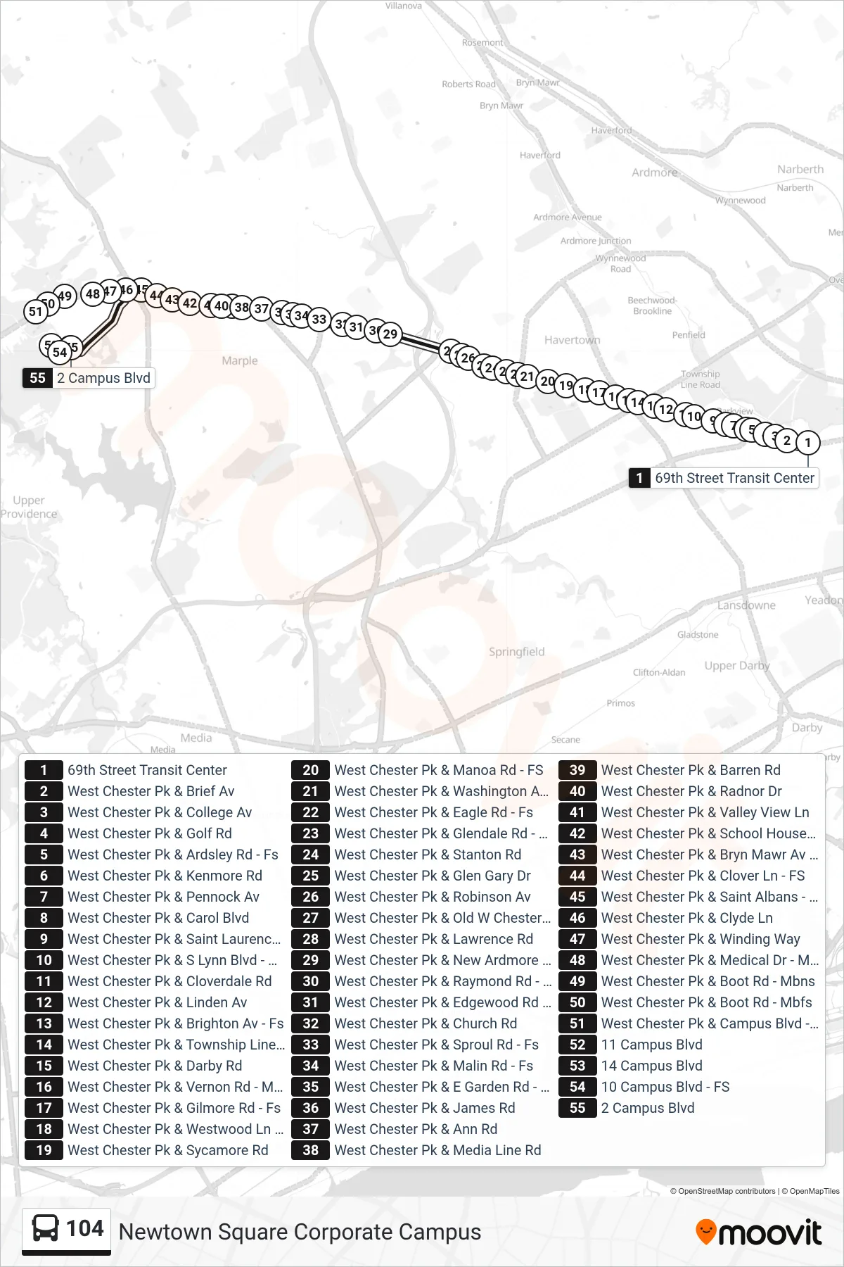 104 bus Line (Newtown Square Corporate Campus) route and stops on a map