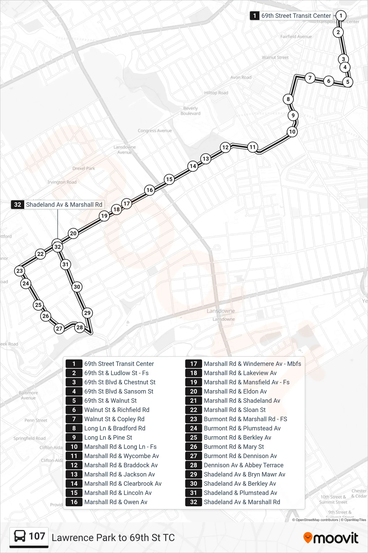 107 bus Line (Oakview) route and stops on a map