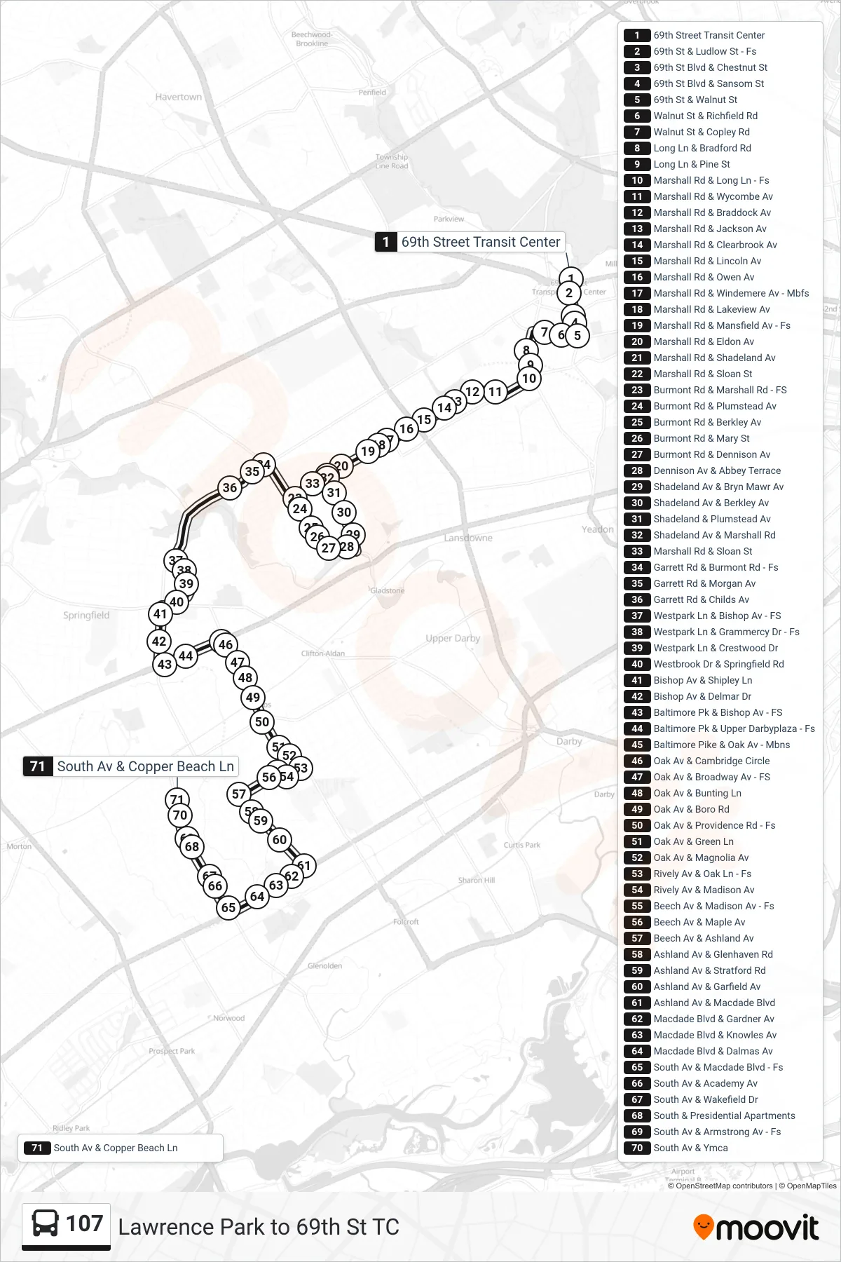 107 bus Line (Glenolden) route and stops on a map