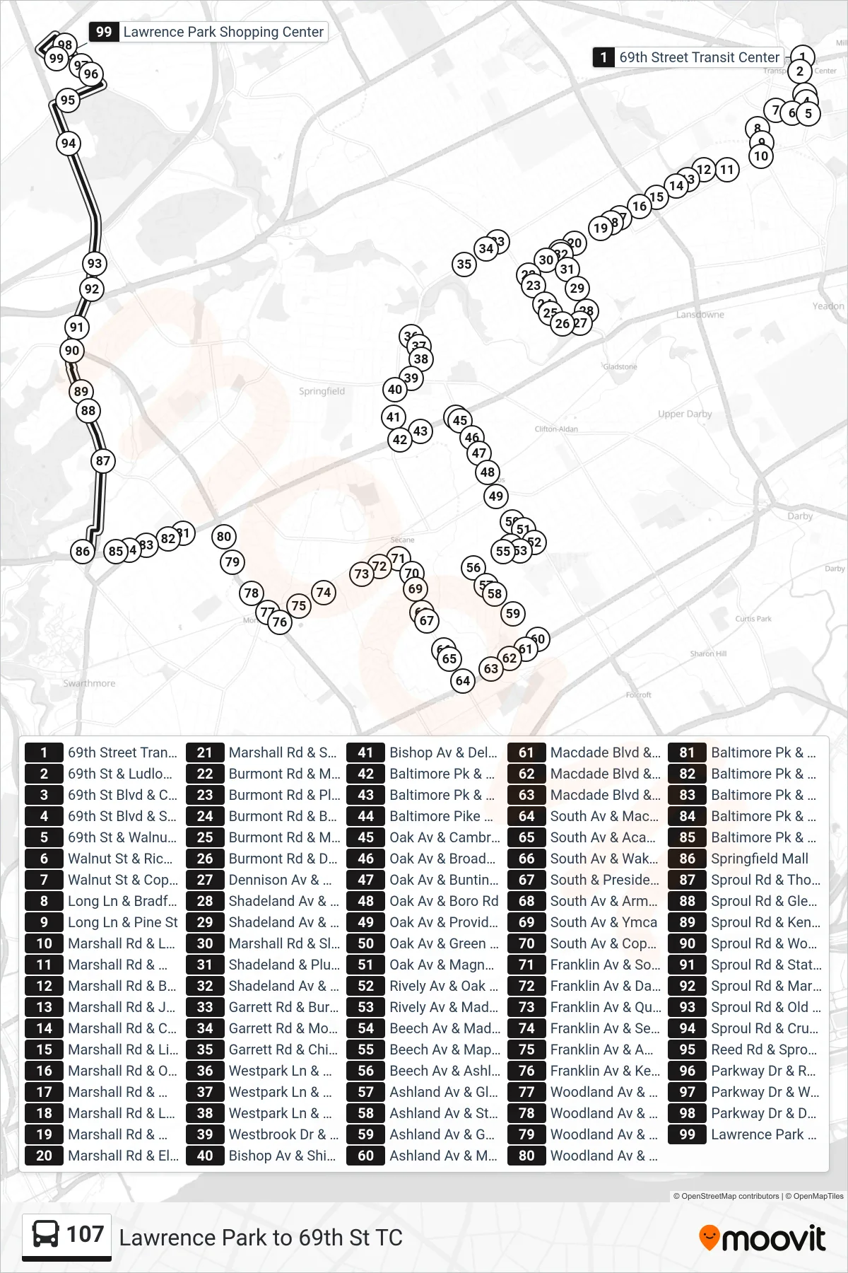107 bus Line (Lawrence Park) route and stops on a map
