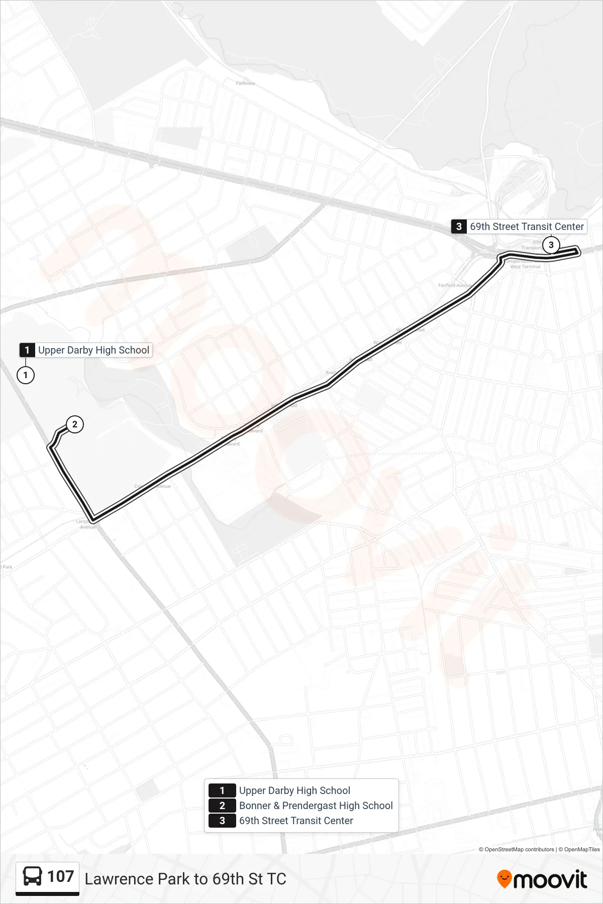 107 bus Line (Express 69th St Transit Center) route and stops on a map