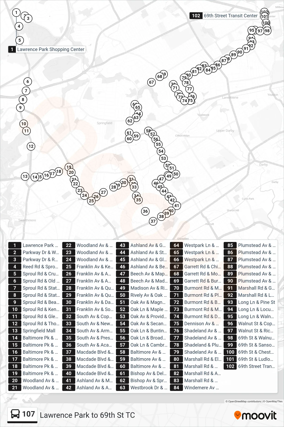 107 bus Line (69th St Transit Center) route and stops on a map