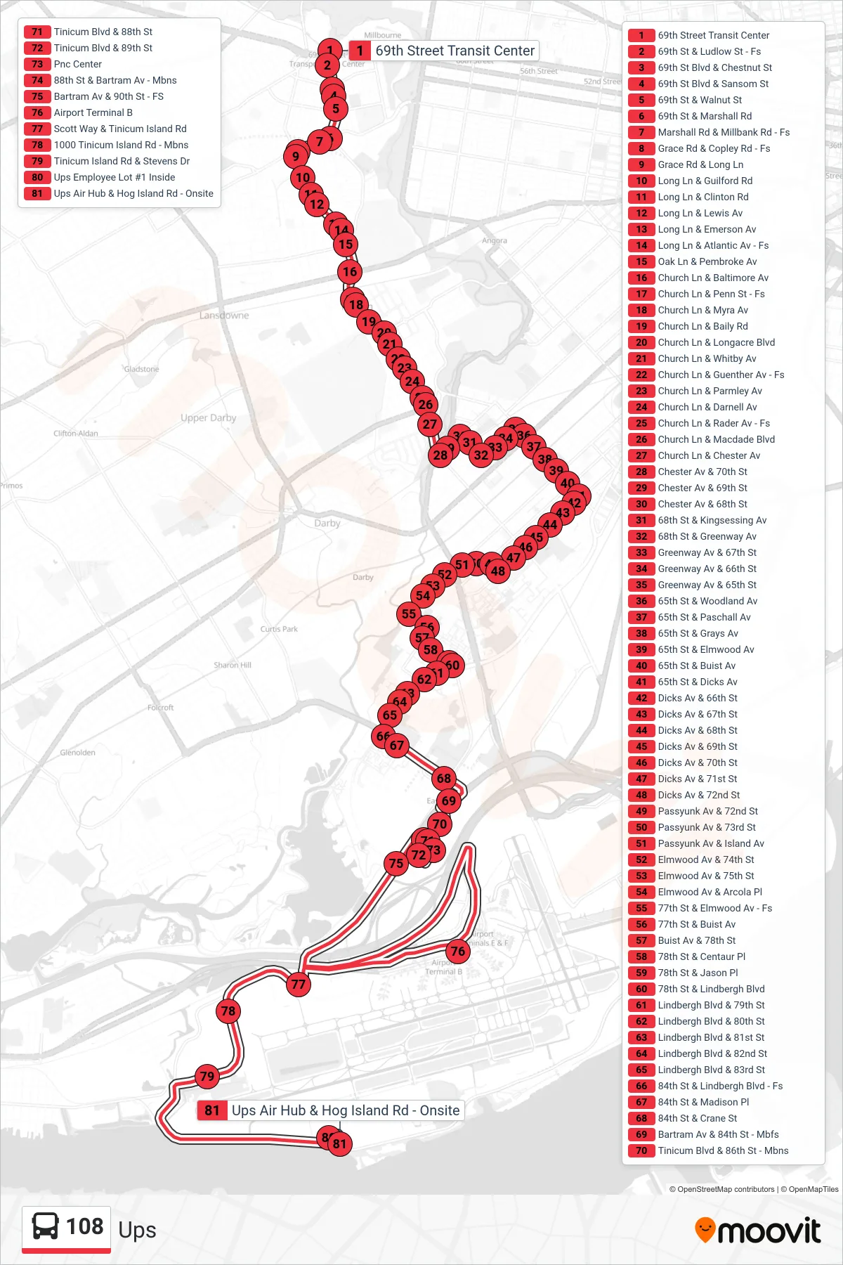 108 bus Line (Ups) route and stops on a map
