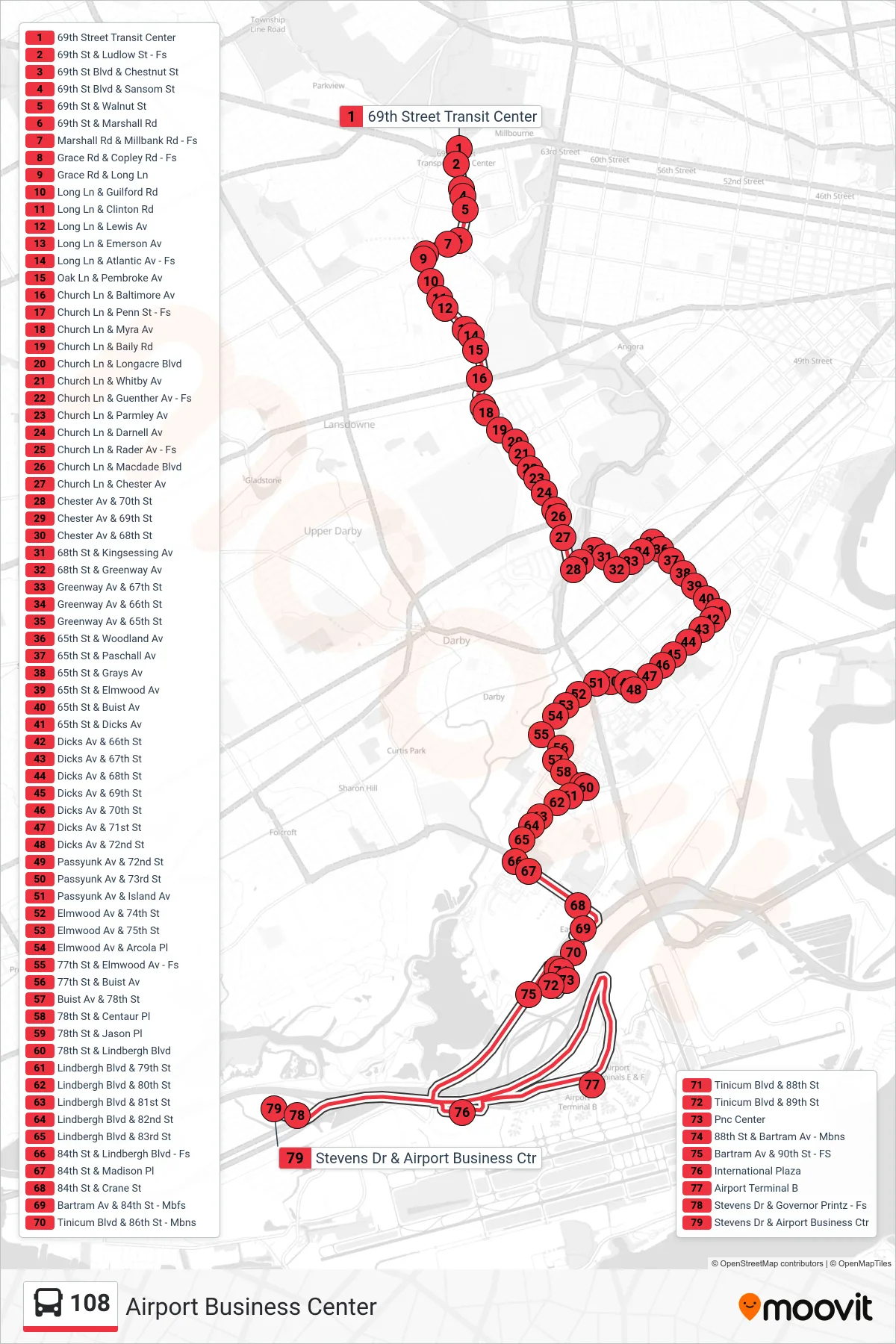 108 bus Line (Airport Business Center) route and stops on a map