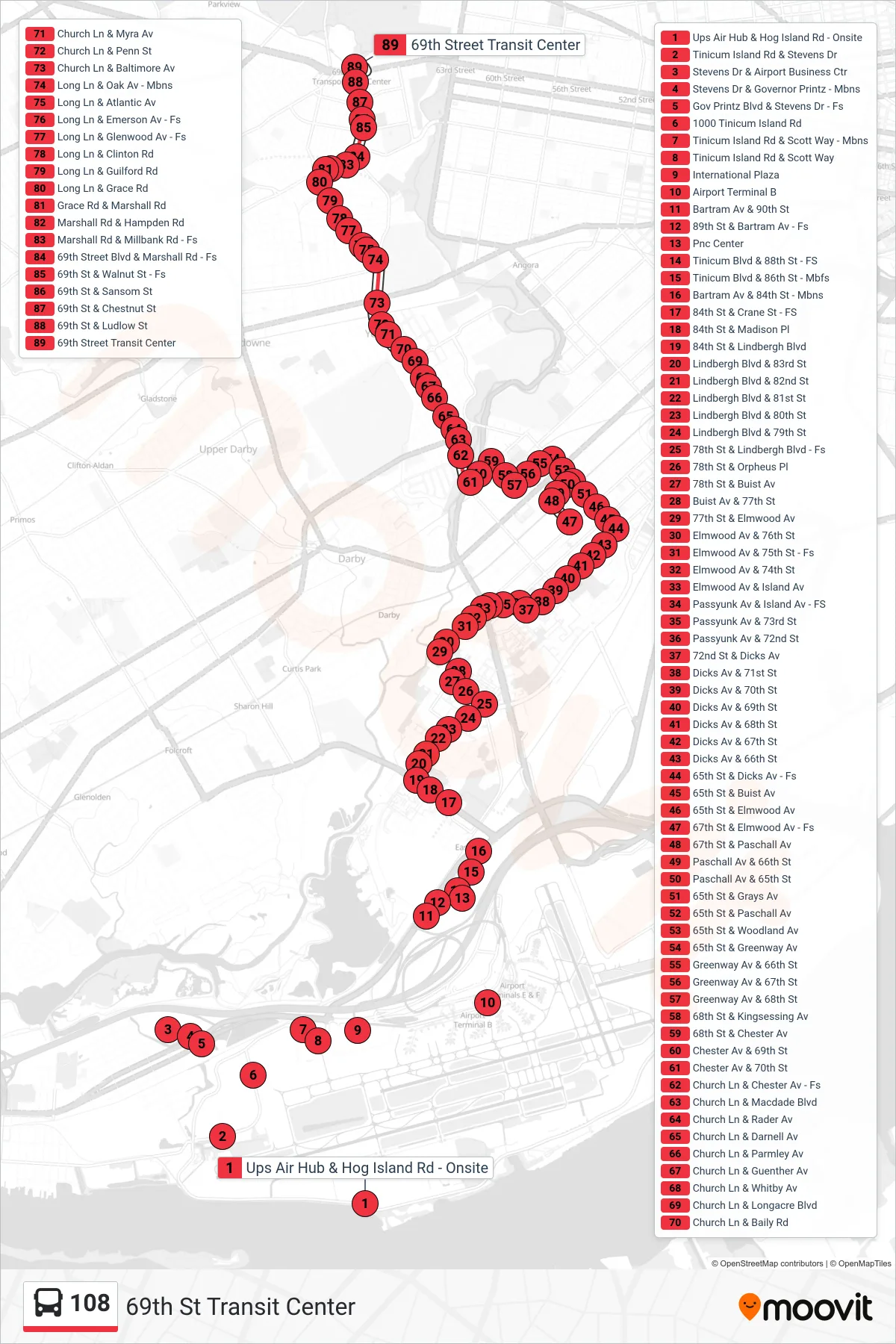 108 bus Line (69th St Transit Center) route and stops on a map