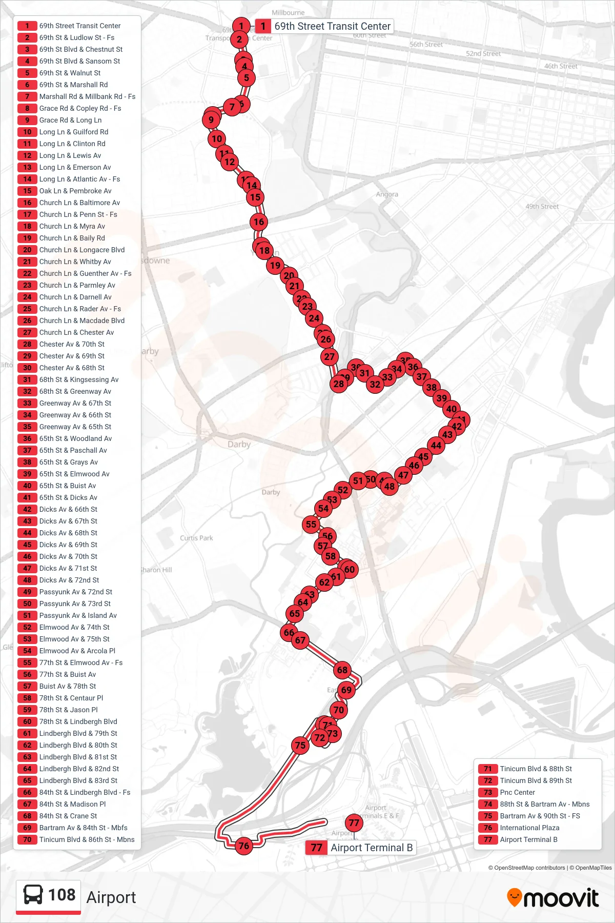 108 bus Line (Airport) route and stops on a map