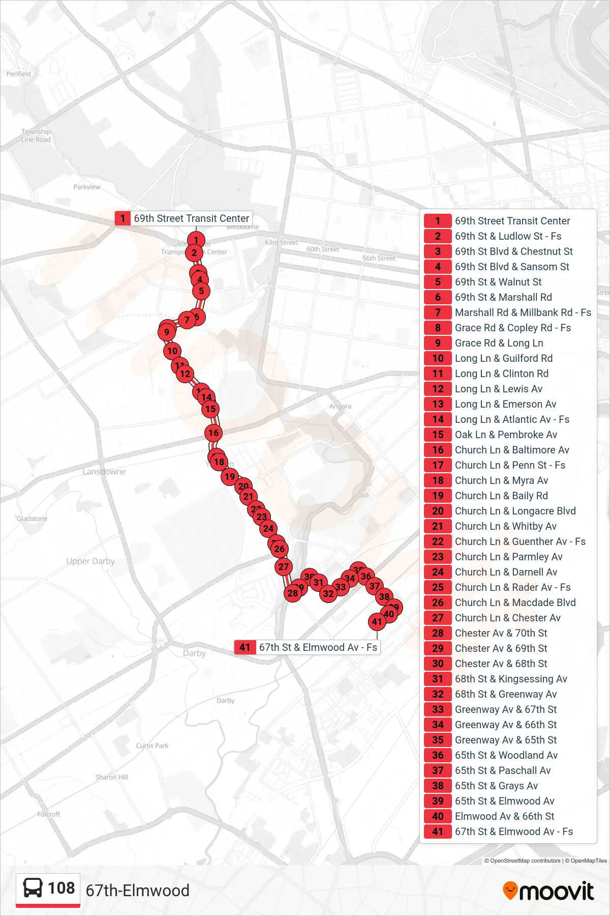 108 bus Line (67th-Elmwood) route and stops on a map