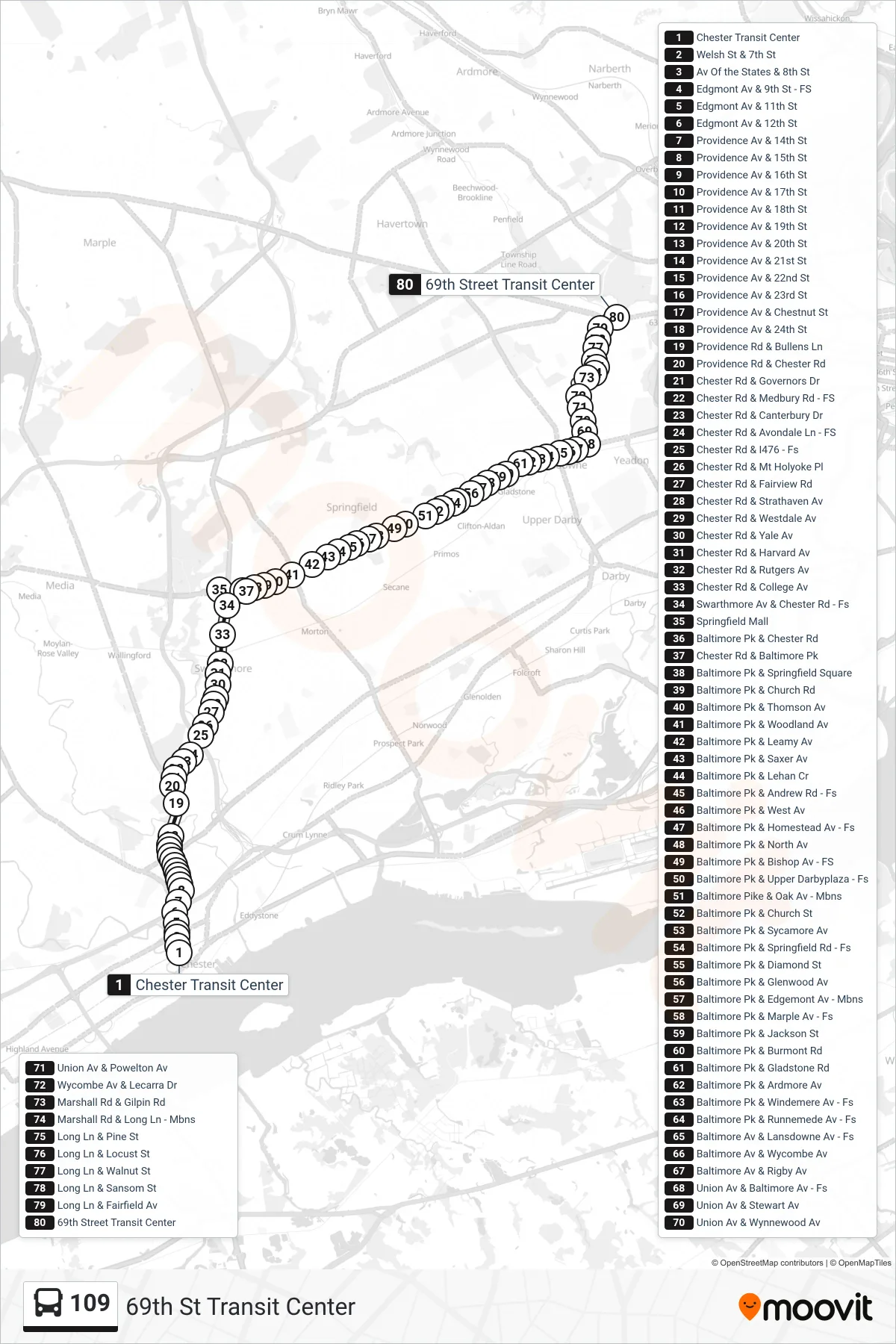 109 bus Line (69th St Transit Center) route and stops on a map