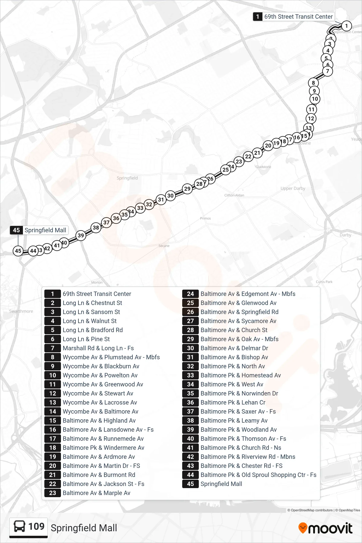 109 bus Line (Springfield Mall) route and stops on a map