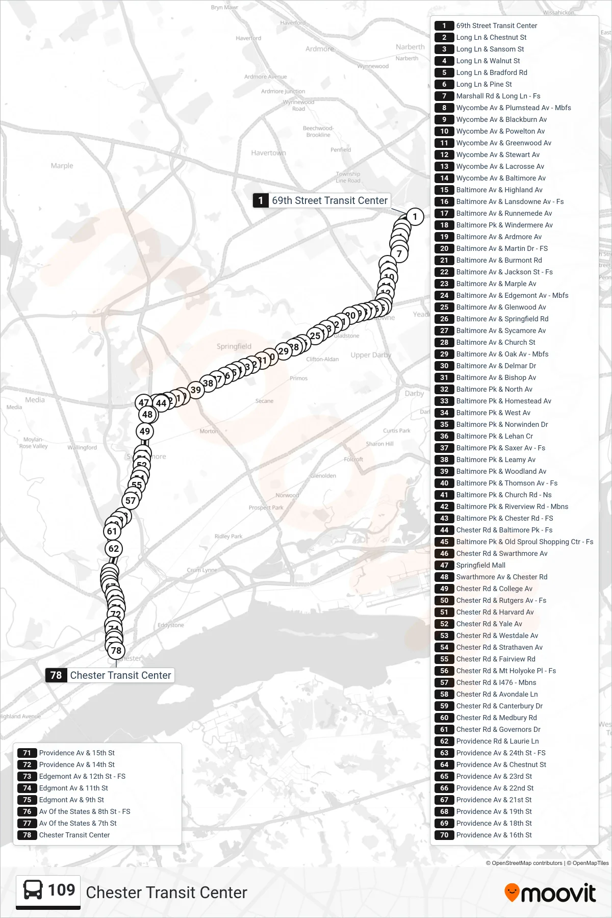 109 bus Line (Chester Transit Center) route and stops on a map