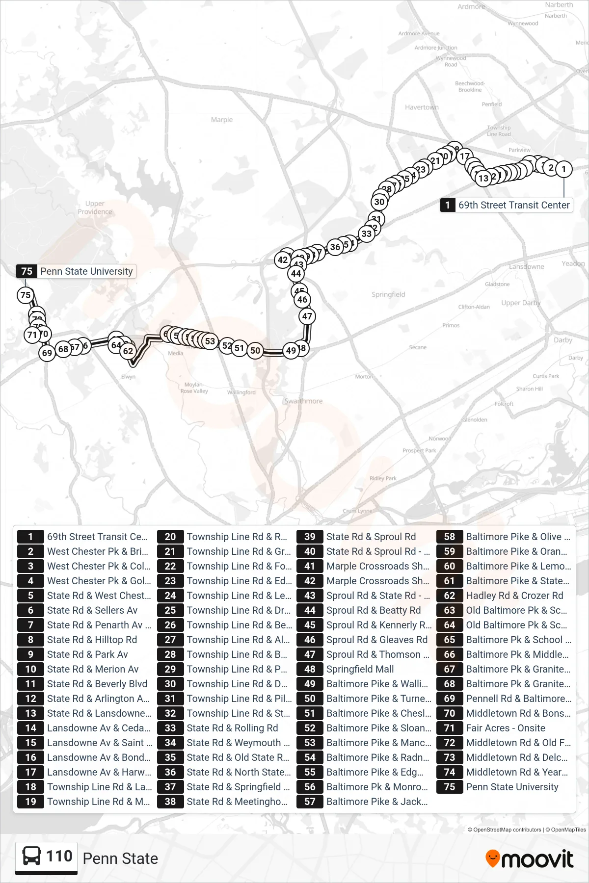 110 bus Line (Penn State) route and stops on a map