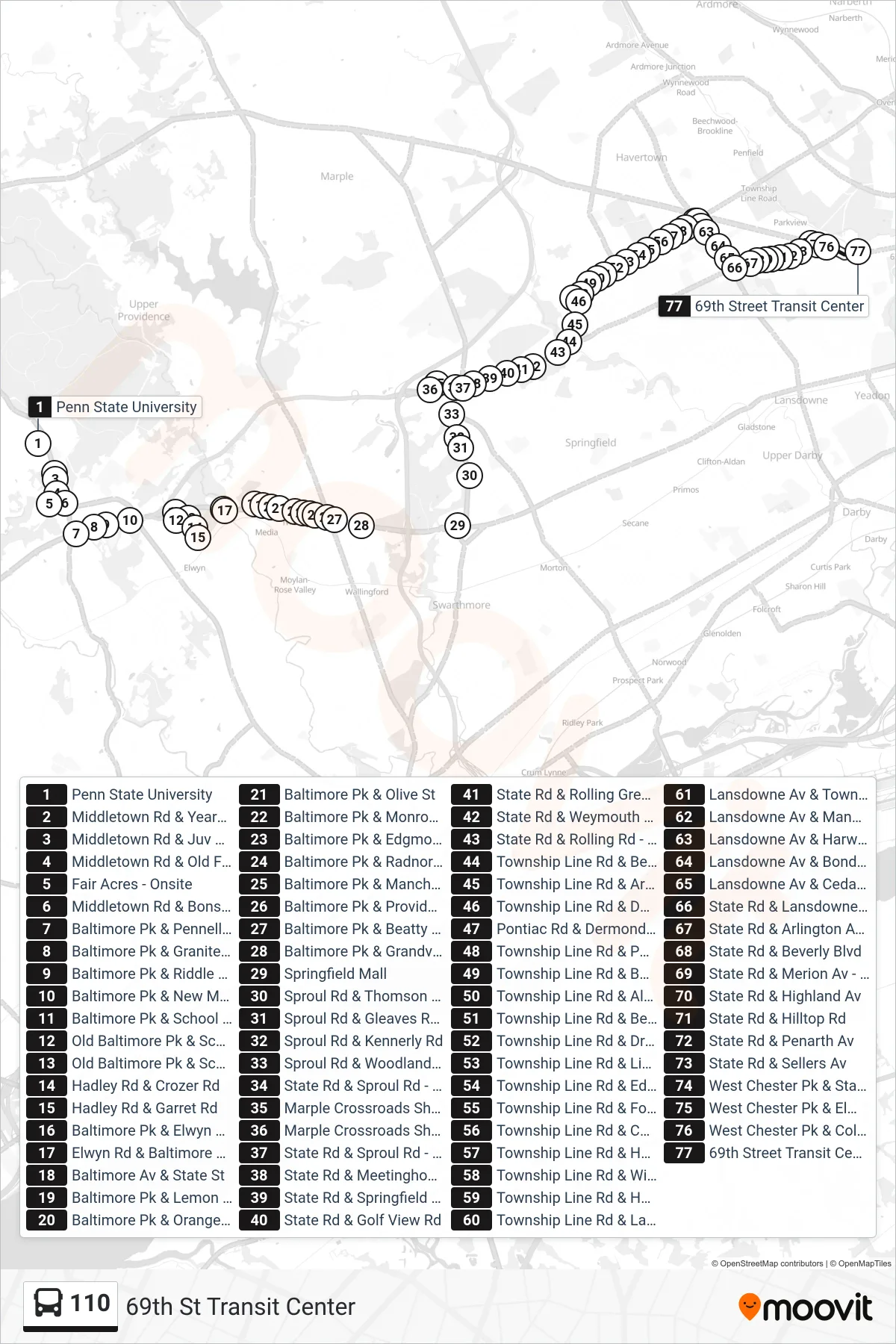 110 bus Line (69th St Transit Center) route and stops on a map