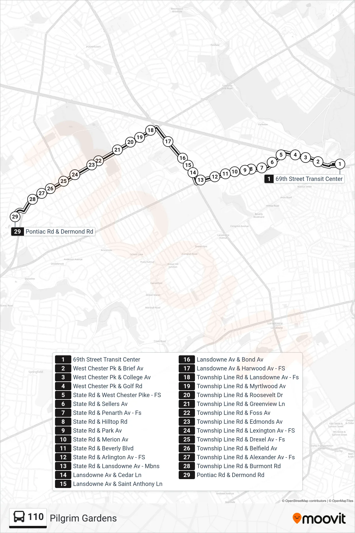 110 bus Line (Pilgrim Gardens) route and stops on a map