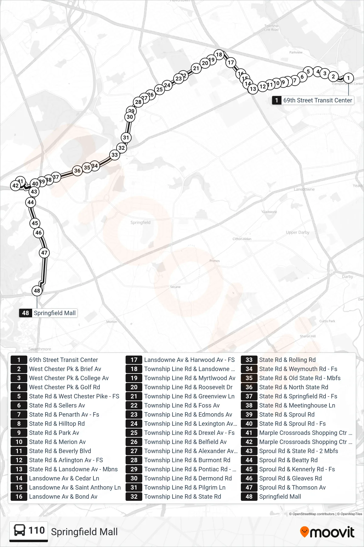 110 bus Line (Springfield Mall) route and stops on a map