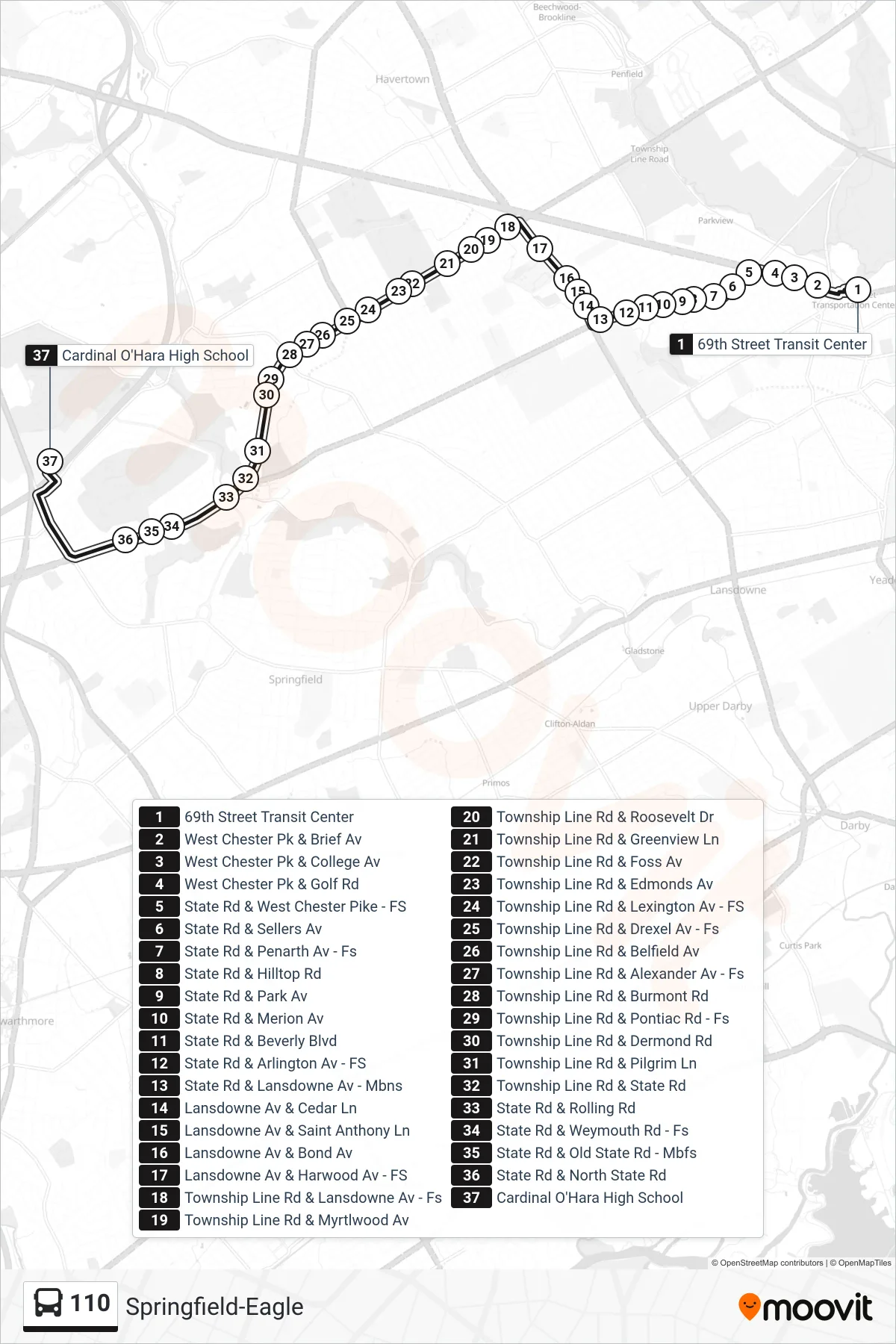 110 bus Line (Springfield-Eagle) route and stops on a map