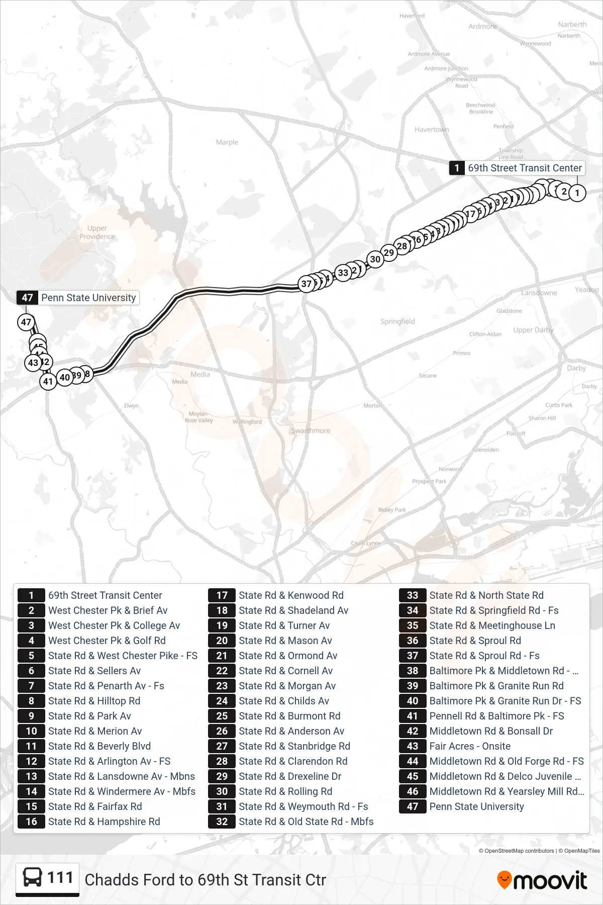 111 bus Line (Penn State) route and stops on a map