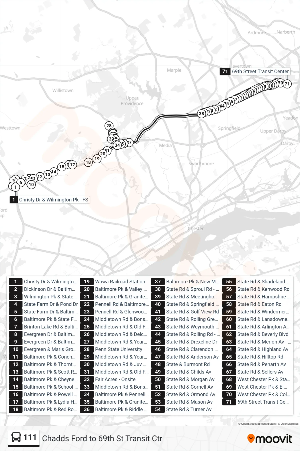 111 bus Line (69th St Transit Center) route and stops on a map