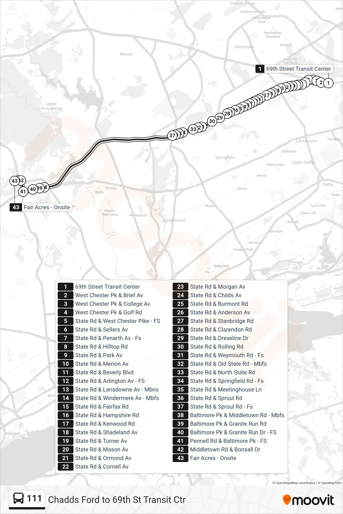 111 bus Line (Fair Acres) route and stops on a map