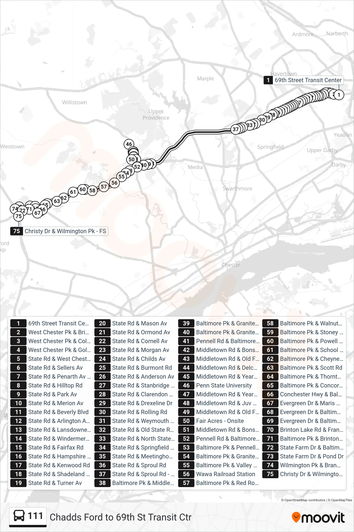 111 bus Line (Chadds Ford) route and stops on a map