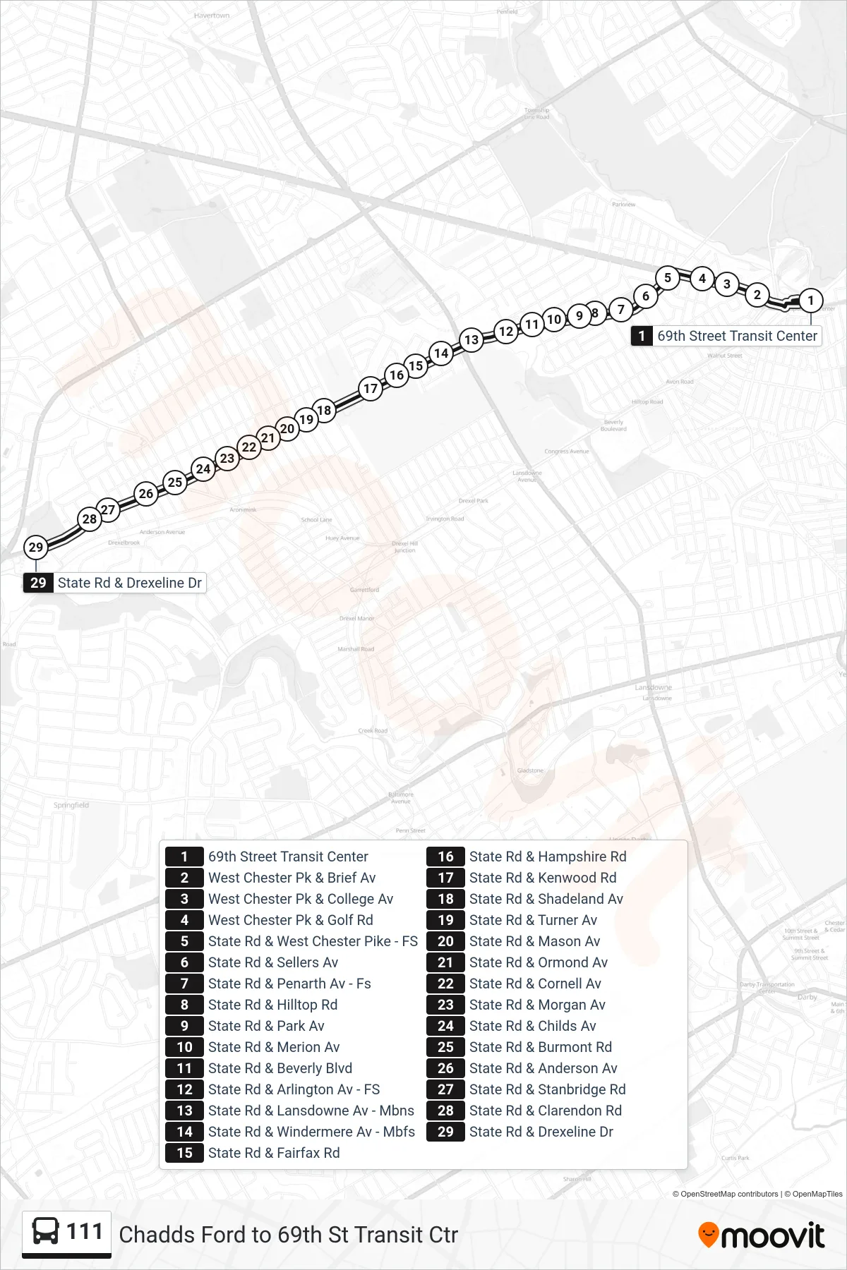 111 bus Line (Township Line-State Rd) route and stops on a map