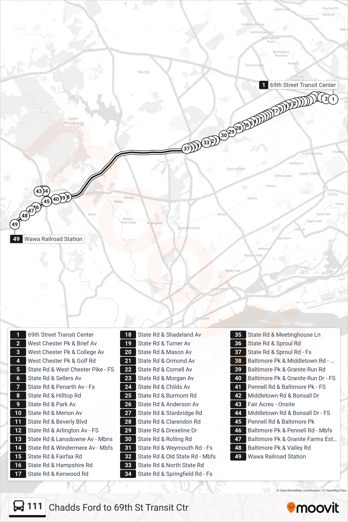 111 bus Line (Wawa Station) route and stops on a map