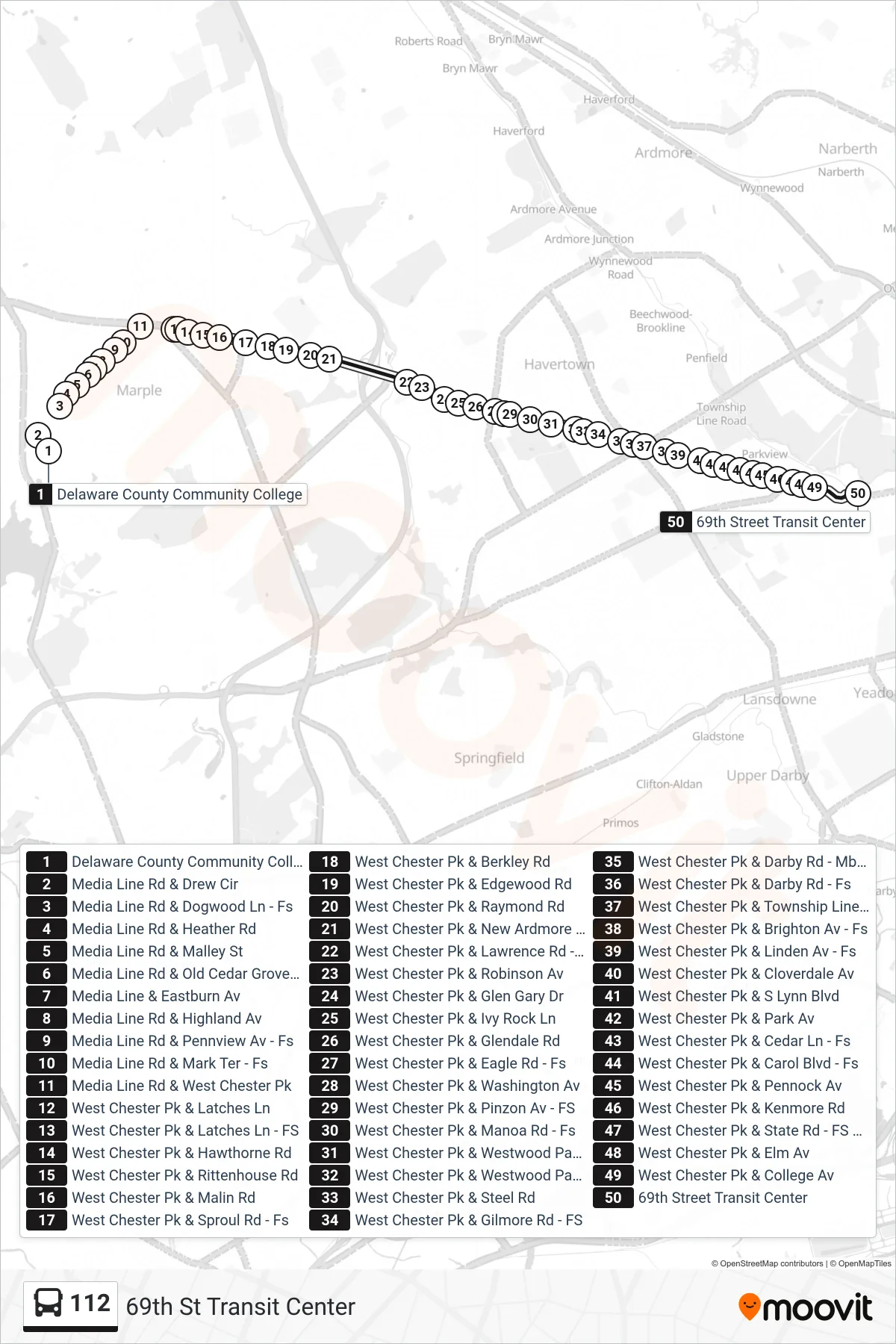 112 bus Line (69th St Transit Center) route and stops on a map