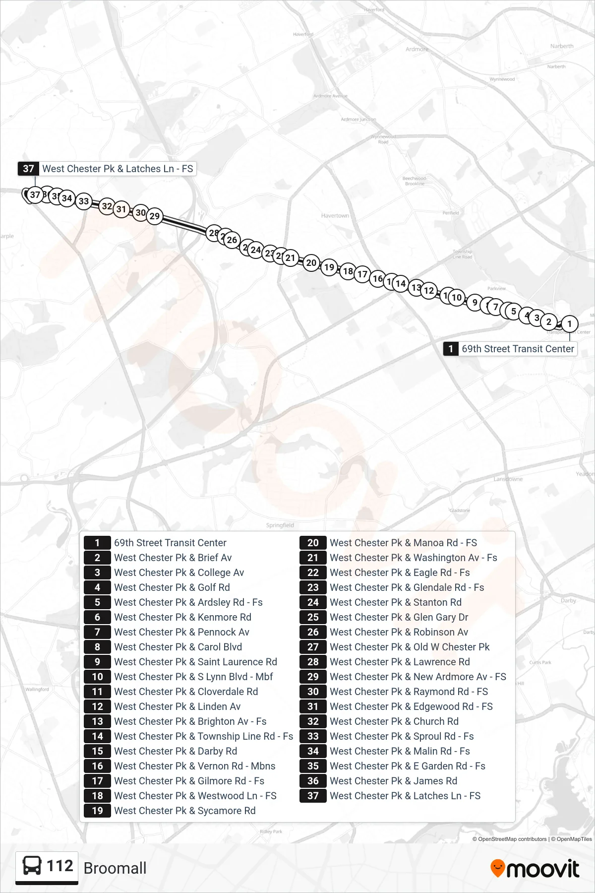 112 bus Line (Broomall) route and stops on a map