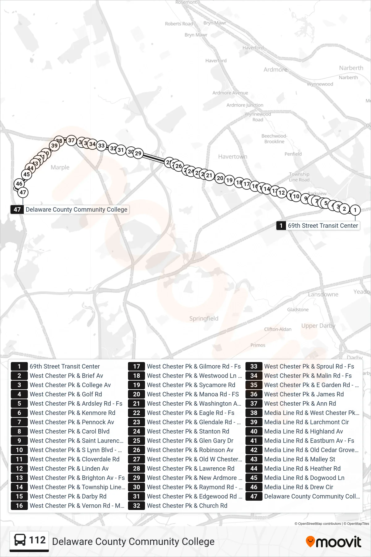 112 bus Line (Delaware County Community College) route and stops on a map