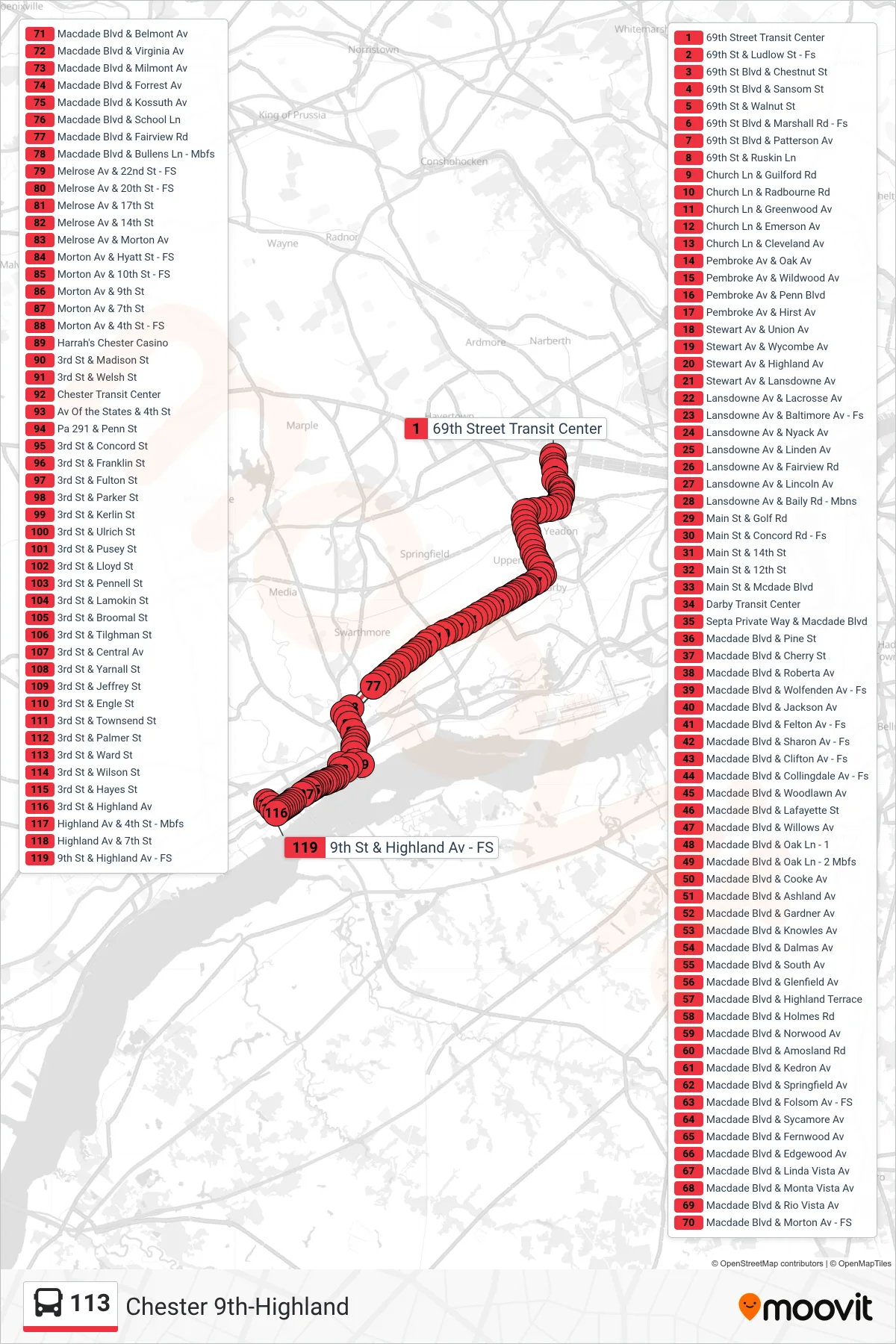 113 bus Line (Chester 9th-Highland) route and stops on a map