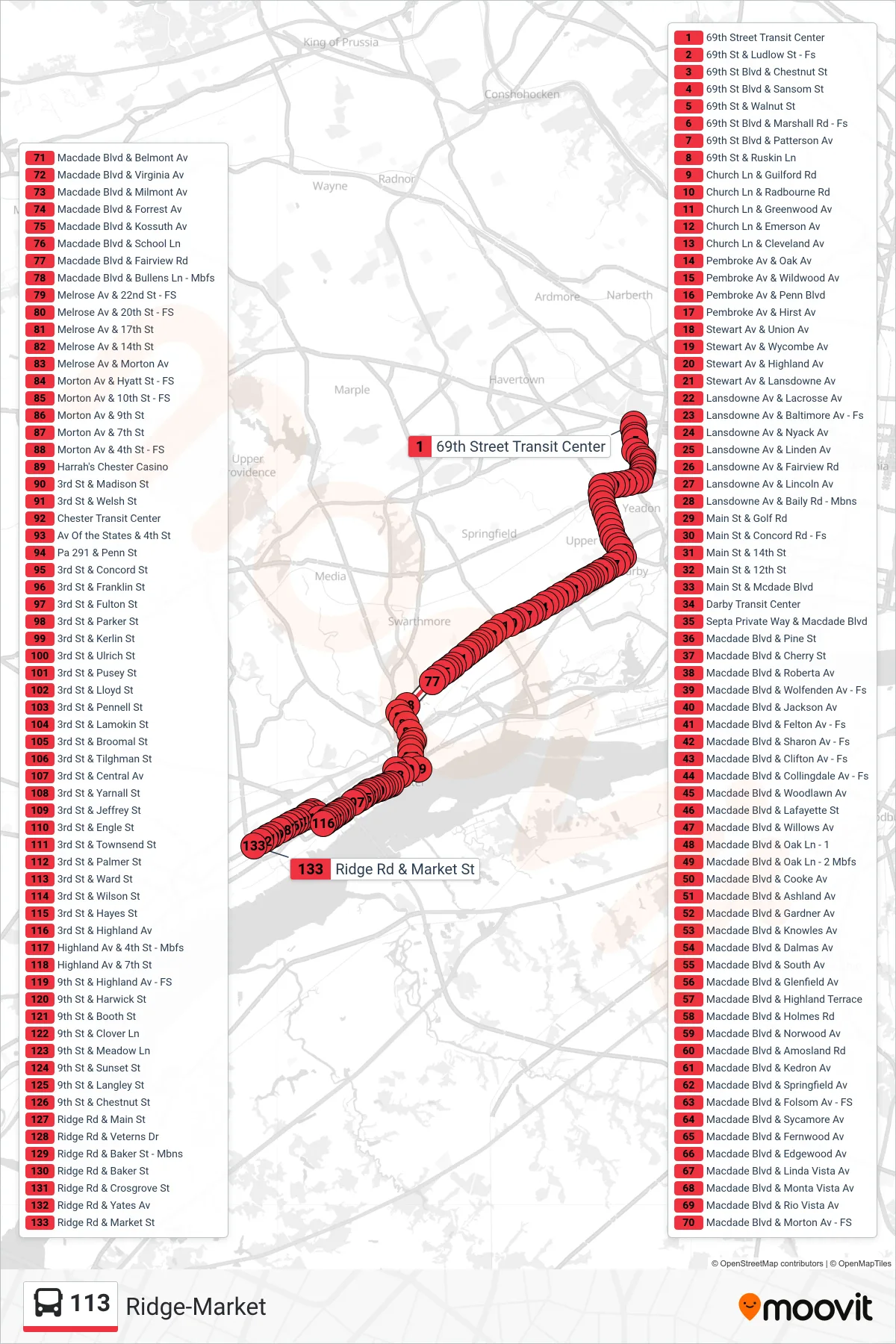 113 bus Line (Ridge-Market) route and stops on a map