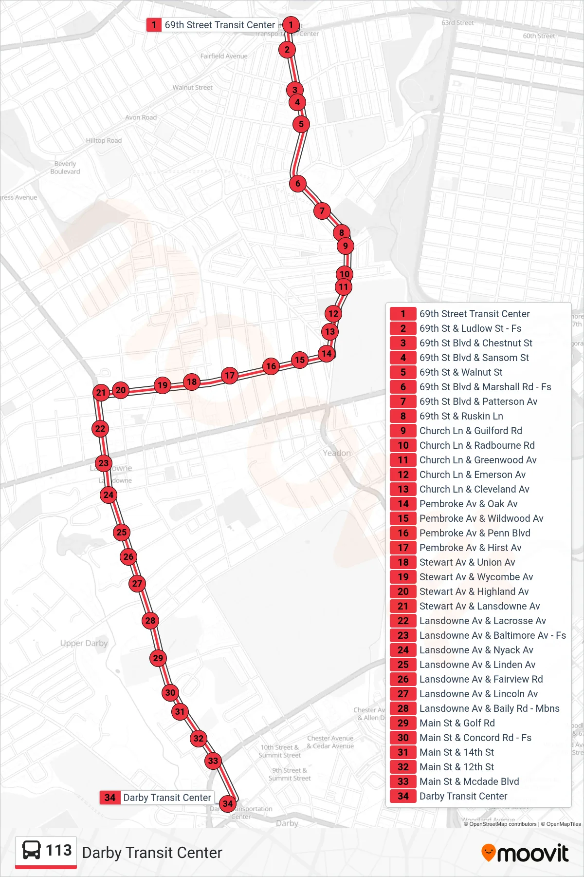 113 bus Line (Darby Transit Center) route and stops on a map