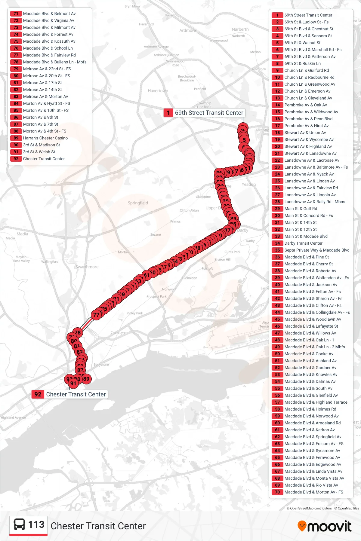 113 bus Line (Chester Transit Center) route and stops on a map