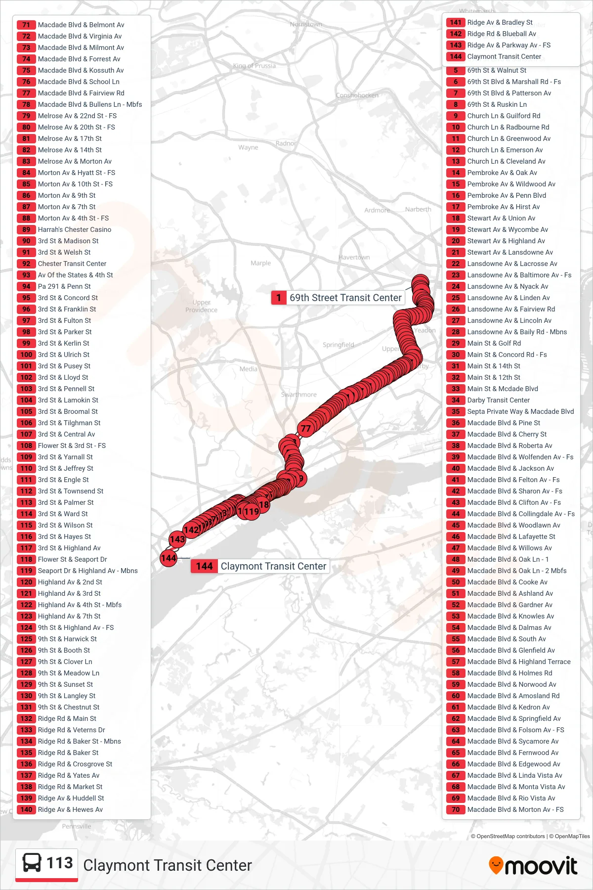 113 bus Line (Claymont Transit Center) route and stops on a map