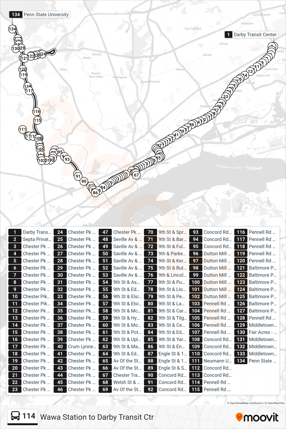 114 bus Line (Penn State) route and stops on a map