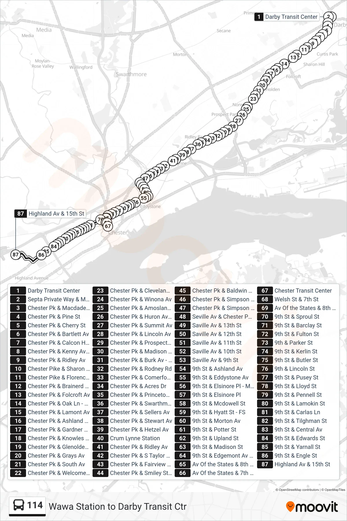 114 bus Line (15th-Highland) route and stops on a map